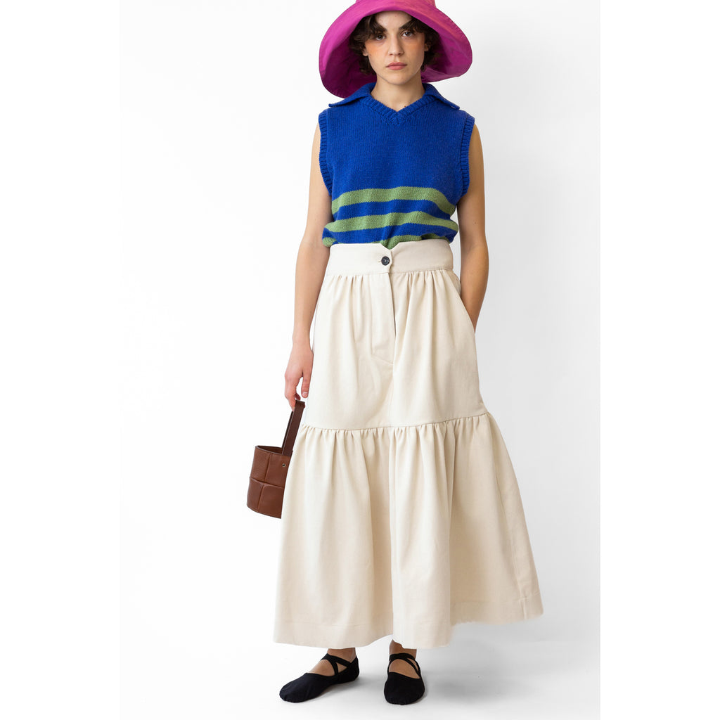 patience gathered skirt in ecru denim
